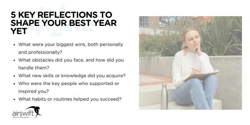 Person reflecting outdoors while journaling, highlighting personal growth and planning for the year ahead.